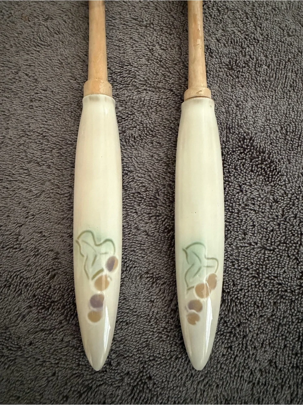 Wooden Serving Spoon and Fork Set with Cream Decorative Ceramic Handles